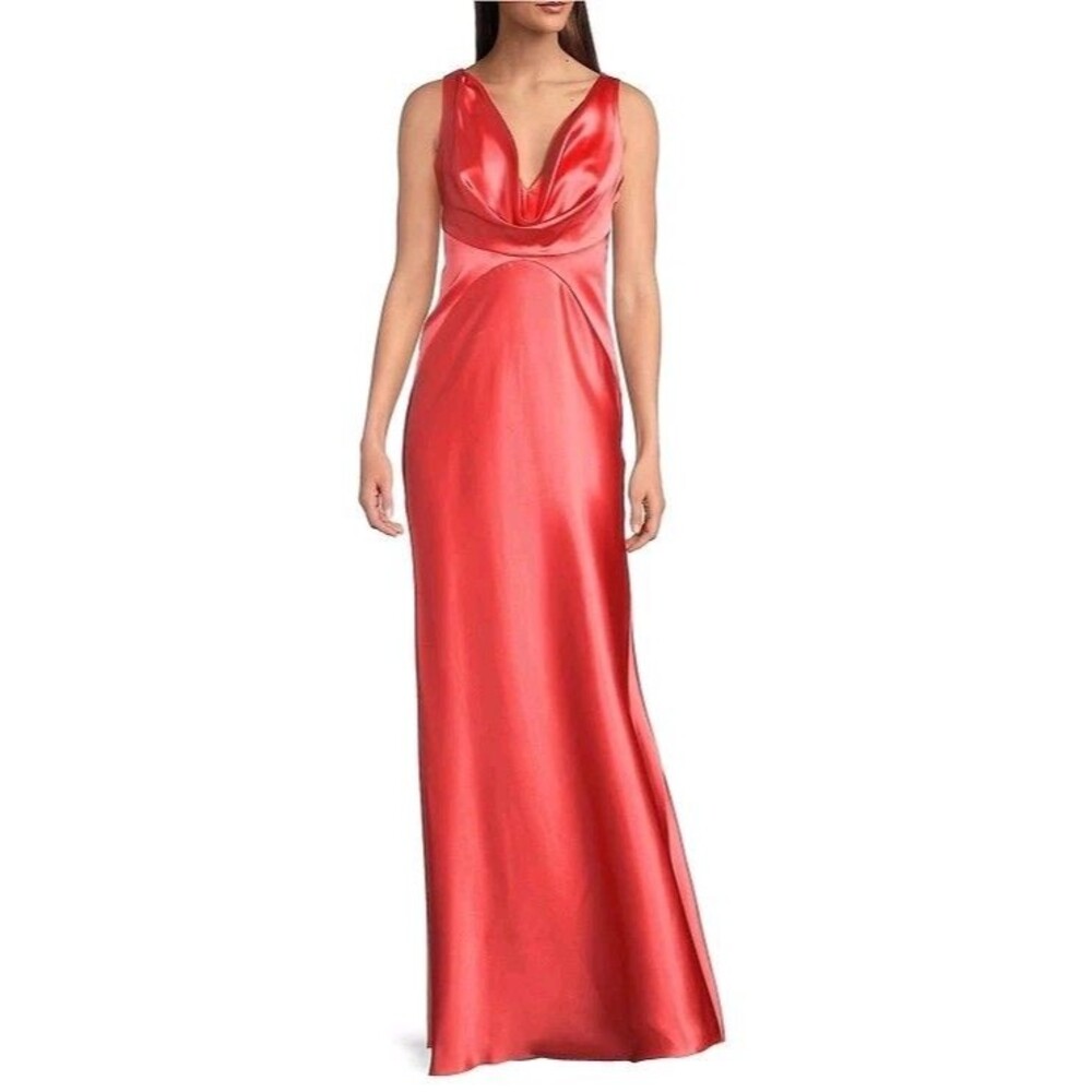 Vince Camuto Draped Neck Coral / Red Satin Gown Dress Sz 8 $228